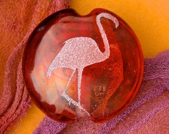 SRA Lampwork Beads "Elegant Flamingo" Handmade Focal Lentil Sandblasted Dichroic and Lustre Glass ~ Warm Neutral