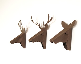 set of 3 faux deer head, faux taxidermy , greeting card, brown