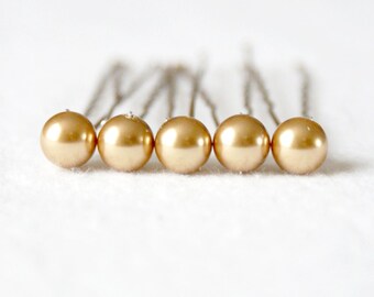 Gold Pearl Hair Pins. Set of 5, 8mm Swarovski Crystal Pearls. Bridal Hair Accessories.