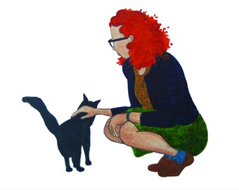 Girl With Cat Watercolor Print