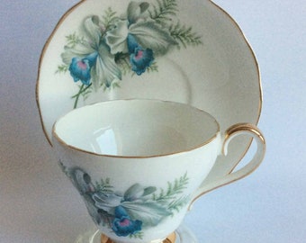 Royal Adderley/Adderley H1448 Blue Orchids Bone China Tea Cup and Saucer