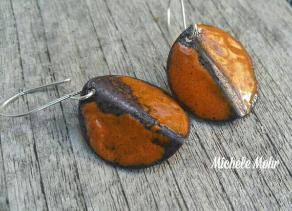 Autumn Arrives Vitreous Enamel Copper and Sterling Silver 1" Burnt Orange Earrings