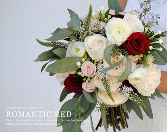 Burgundy Wedding Flowers, Blush Roses, White Roses, Seeded Eucalyptus, Bridal Bouquet