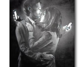 Banksy Mobile Lovers Brushed Aluminum Metal Print