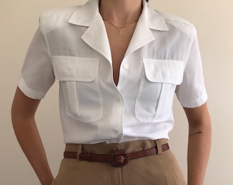 90's Vintage Fluid White Button Up Blouse with Short Sleeves and Front Pockets