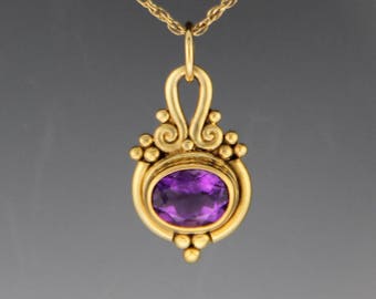 Gold Amethyst Pendant/ Gold Amethyst Necklace/ Purple Gemstone Necklace/ Gift for Her/ February Birthstone/ Birthday Gift/ Victorian Jewelry