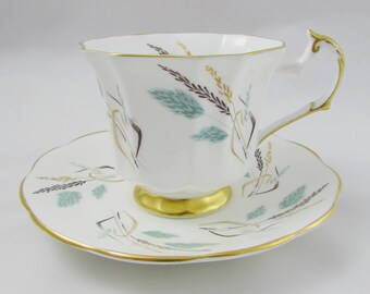 Tea Cup and Saucer with Wheat Design, Made by Sandringham, Vintage Tea Cup, English Bone China