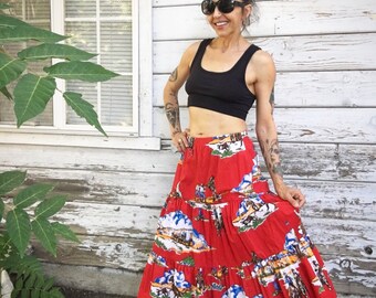 Vintage 90s skirt,midi,red,cowboy pattern,graphic,summer,cotton,gypsy,pretty