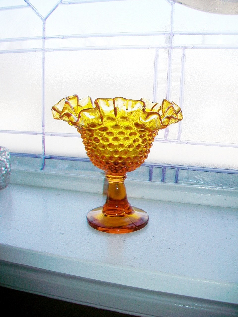 Vintage Fenton Amber Glass Hobnail Pedestal Dish Compote With Ruffled Edge 1960s
