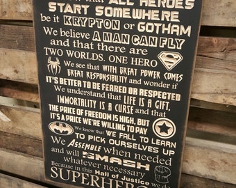 Custom Carved Wooden Sign - "SUPERHEROES - In this house we do - Superhero, Batman, Superman, Spiderman, Avengers, Captain America"