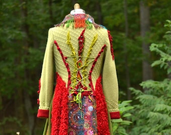 Long boho Sweater COAT, fantasy wearable art clothing, embellished festival coat, up cycled OOAK Eco-Couture. Size S/M. Ready to ship