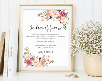 In Lieu of Favors Sign, Printable In Lieu of Favors Sign, Editable In Lieu of Favors Sign, Wedding Donation Sign, Wedding Favors Sign, C1