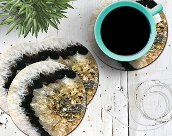 Geode Coasters, Black and Gold Geode Coasters, Set of 4 Cork Back and Gold Crystal Coasters, Gemstone Coasters, Workspace Decor, Office Gift