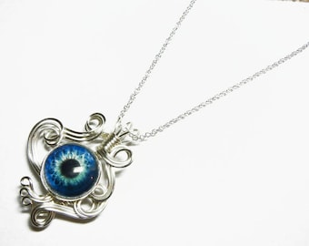 Wire Wrap Blue Zombie Eye Pendant with Sterling Silver Necklace Option