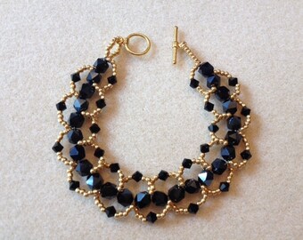 Hand Beaded Loop Bracelet-Black/Gold-7.5 in.