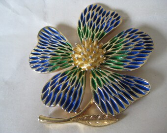 Flower Green Blue Gold Brooch Vintage Pin J.J. JJ