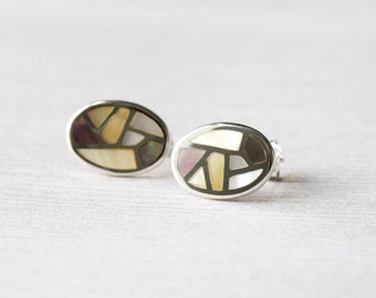 MOP, Mother of Pearl Studs, 925 Sterling Silver, Mosaic Studs, Oval Earrings, Boho Earrings