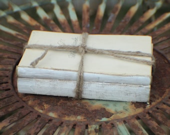 Unbdound Book Mini Centerpiece, Stack of 2 Small Vintage White Unbound Books Wrapped in Twine, Rustic Wedding Centerpiece, White Book Stack