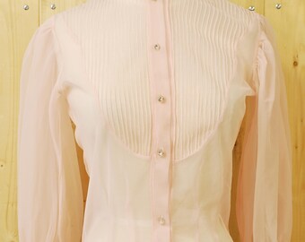 1950's/60's Pink Nylon Sheer Blouse with Rhinestone Buttons / Mad Men / Rare Collectable Retro