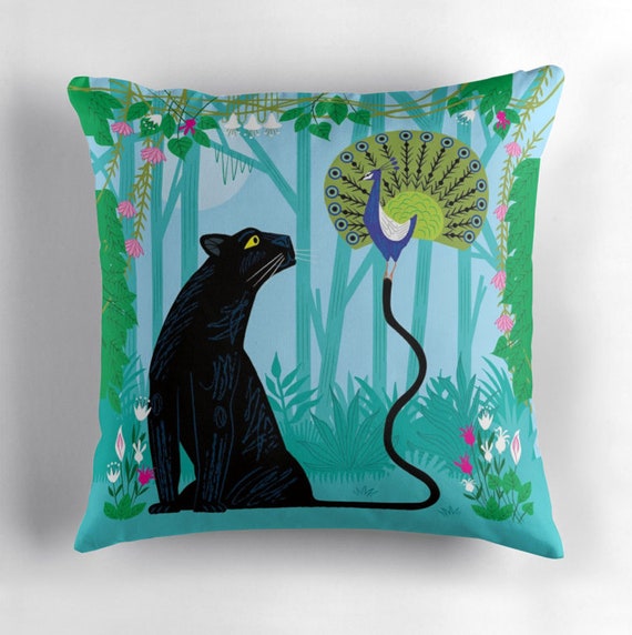The Peacock and The Panther - throw pillow cover including insert - children's nursery decor by Oliver Lake iOTA iLLUSTRATION