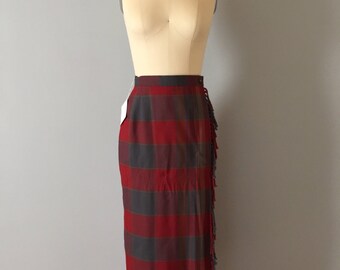 1990s GAP maxi skirt | plaid wrap maxi skirt | side fringed blanket skirt
