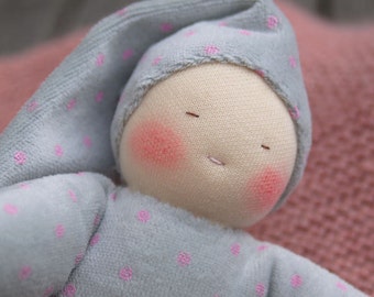 First Waldorf doll, cuddle doll, grey and pink