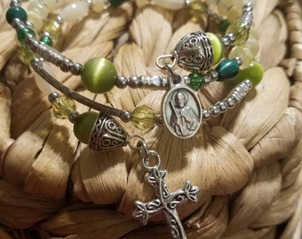 Green cats eye, malachite, Saint Jude Thaddeus , memory wire, wrap bracelet, Patron of impossible causes