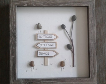 pebble art,coastal decor,housewarming gift,8x8 shadowbox,street sign