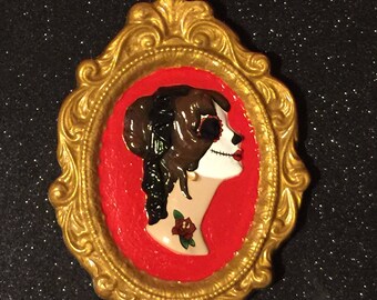 Day of the Dead Inspired Tattooed Cameo Wall Hanging ~ ReVamped Vintage Piece