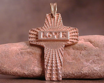 Goldie Bronze Metal Clay Cross Pendant with Love, Boho Jewelry, Artisan Jewelry, Divine Spark Designs, SRA