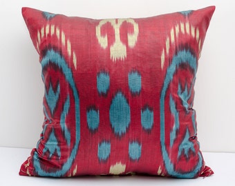 14x14 red blue cream ikat pillow cover, cushion case, ikat, red ikat pillow cover, eco textile, handmade ikat, red, blue, cream
