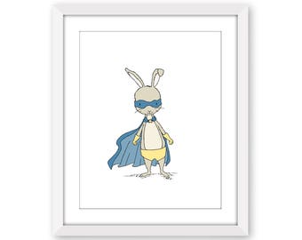 Superhero Art -- Superhero Bunny -- Animal Super Hero Art -- Nursery Art Print -- Bunny Art -- Children Art Print -- Kids Wall Art