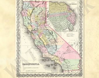 Old vintage map of California from 1857 with San Francisco insert - Vintage U.S. Atlas Map - Printable Download