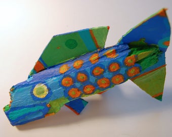 Whimsical Mixed Media Ready to Hang Fish Art - Ready to Hang in Lake House, Bath, Kichen, Kids Room - Colorful Painted Wood