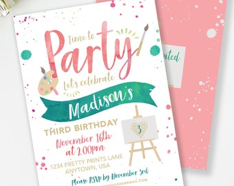 Art Party Invitation, Art Birthday Invitation, Girls Birthday Party, Painting Party, Watercolor Invite, Paint Party Invite, #77