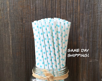 Blue Paper Straws, Blue Dot Straws, 100 Straws, Light Blue Straws, Baby Shower Straws, Birthday, Paper Straws, Free Shipping