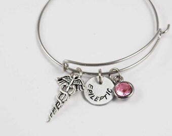 Medical Alert Bracelet Epilepsy or Custom Bangle Adjustable with Birthstone Charm of your Choice