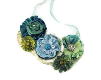 Blue Green Floral bib statement necklace, flower necklace