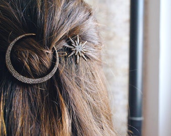 MOON STAR Hair CLIP Set - Folk Tales witch Hair Accesories - Wicca Pagan Cosmic Mermaid 4'5cm Rustic Wild Nature Gothic Bohemian Wanderlust