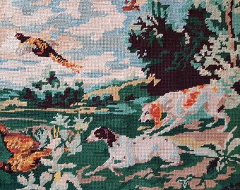 Vintage French needlepoint tapestry - Hunting dogs - Dog needlepoint - Finished needlepoint
