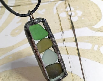Sea Glass Pendant, Beach Glass, Soldered Charm Shadow Box Pendant, Genuine Seaglass, Cobalt Blue, Amber, Seafoam Green