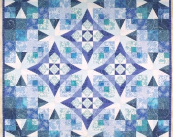 Wall Quilt, Quilted Wall Hanging, Fiber Art Quilt, Textile Art Quilt, Winter Themed Blue and White Snowflake Holiday Decor, Frost in the Air