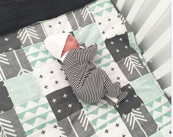 Mint Grey and Black Patchwork Baby Blanket-2 sizes available