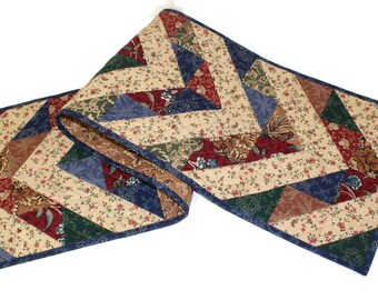 Quilted Table Runner, Civil War Reproduction Fabrics, Asymmetrical Triangle Chevron Table Runner Quilt, Quiltsy Handmade Patchwork