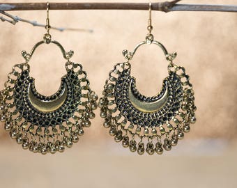Oxidized gold metal crescent moon chandelier earring