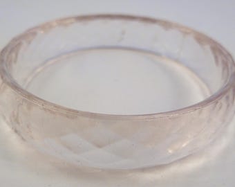 Vintage Bangle, Clear Plastic, Diamond Patterned Faceted Bangle, Transparent Bangle.