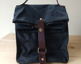 Large Black Waxed Canvas, Cordura, and Leather Reusable Insulated Lunch Bag