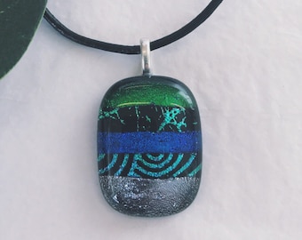 Dichroic glass pendant - Fused glass, Etched patterns, different shades of green & blue