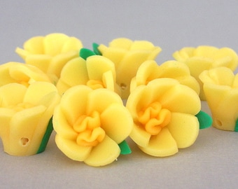 Yellow flower beads, polymer clay beads, daffodil beads, 15x12mm, qty 8