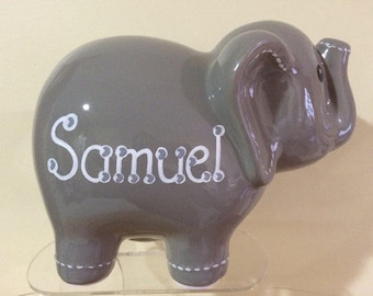 Personalized Hand Personalized Large Grey Elephant Bank Baby's 1st Christmas Flower Girl Ring Bearer Christening, Baptism Birthday, Newborn